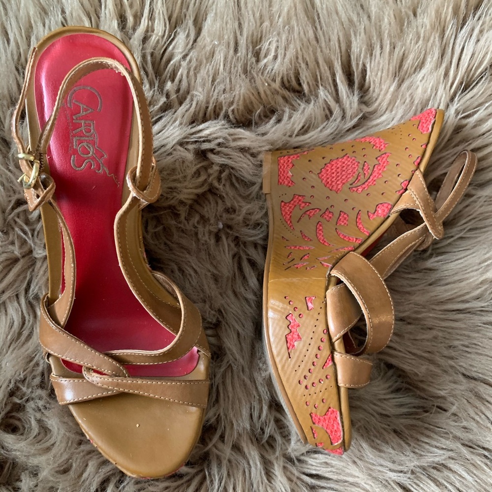 Carlos Santana Brown Pink Straw Leather Wedges